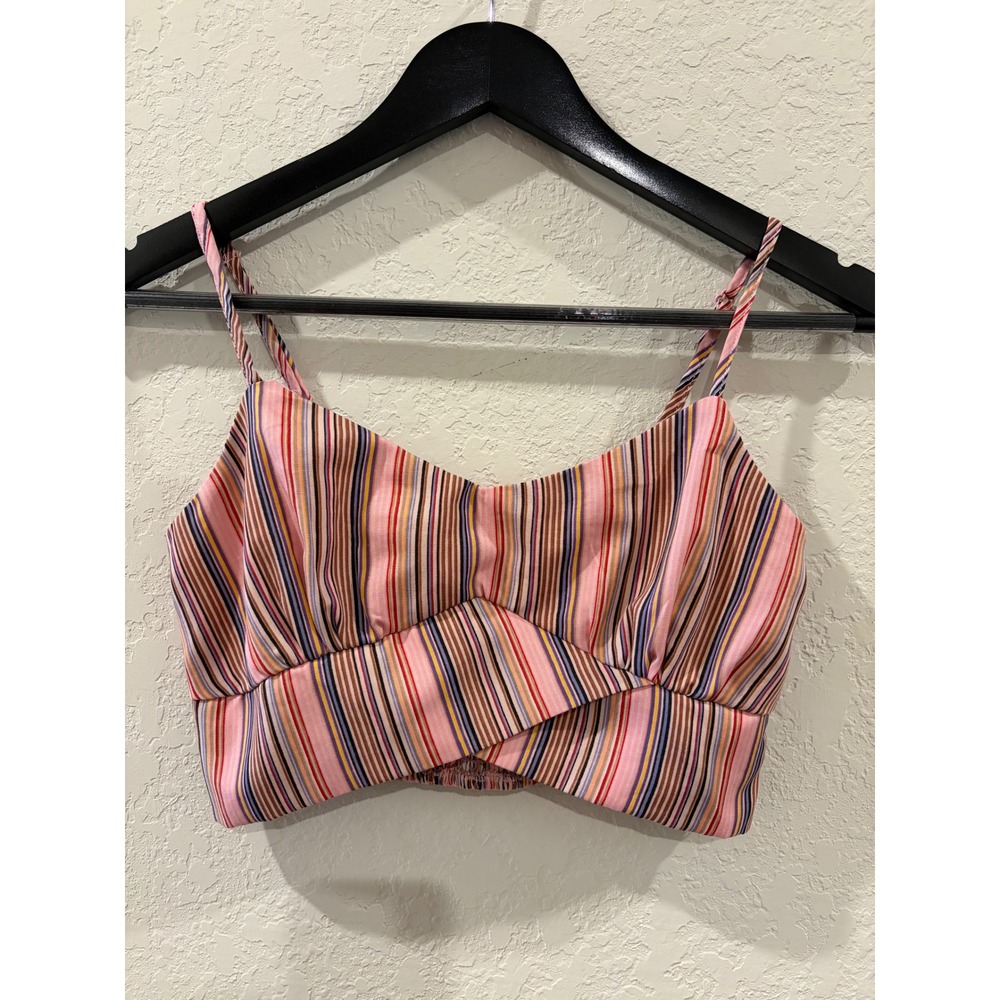 B.O.G Collective Striped Surplice Crop Top Pink Multi Smocked Back Small